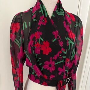 John Galliano NEW Black and Red Floral Wrap Blouse made in Italy